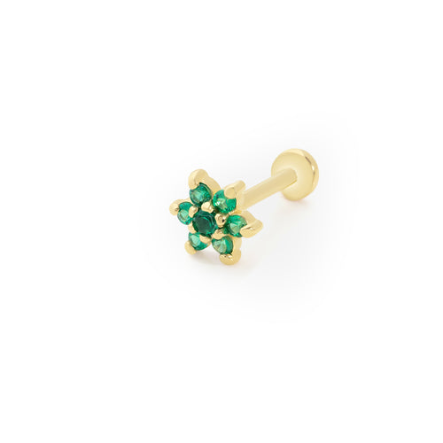 Emerald Flower Solid Gold Threaded Piercing Earring