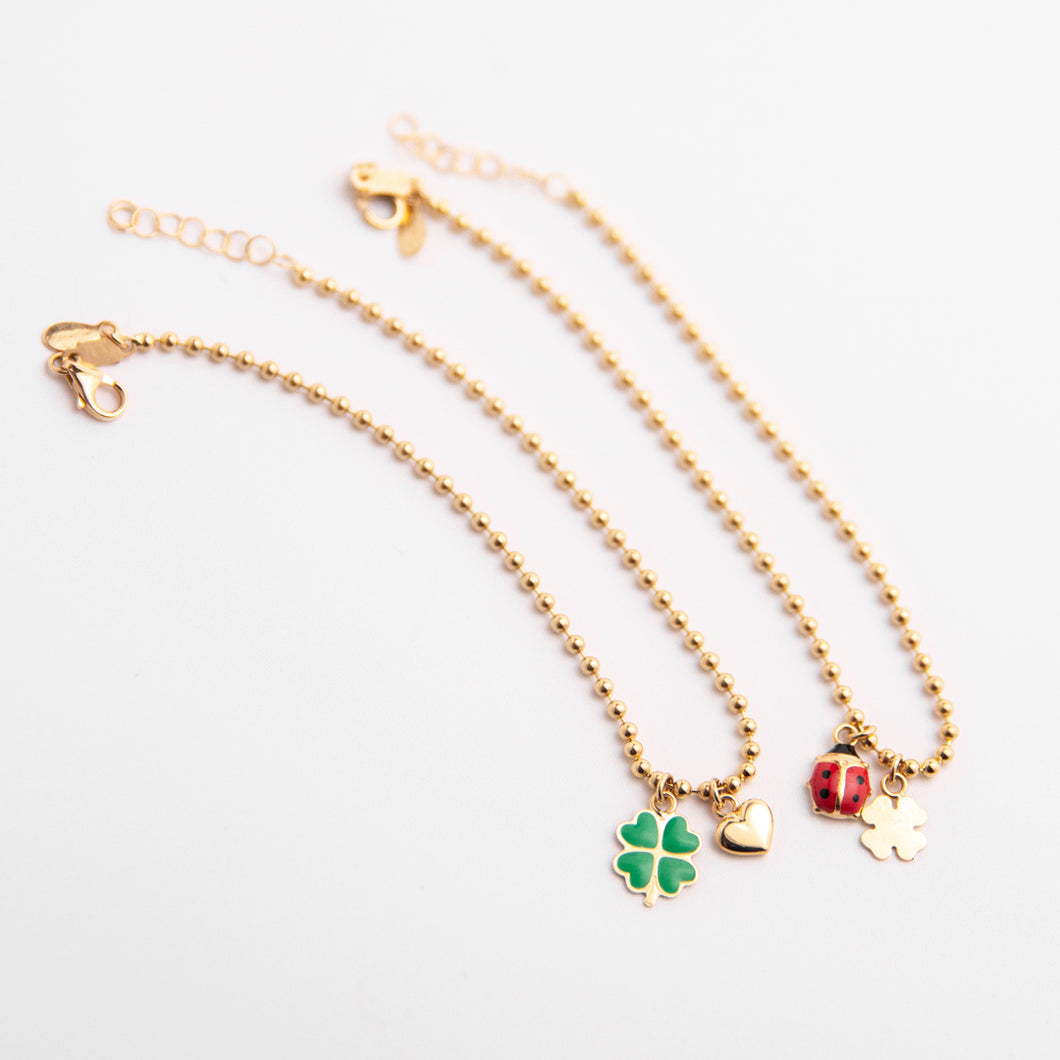 bracelet palline red ladybug gold clover